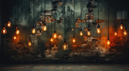 Amidst the dark night, a flickering candle and a row of amber street lights illuminate the brick wall, creating a warm and inviting atmosphere - Powered by Adobe