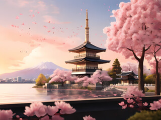 Obraz premium A Japanese Mosque at Dusk with Blossoming Sakura Tranquility