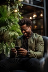 young millennial African man sitting in soft chair using smartphone. ai generated
