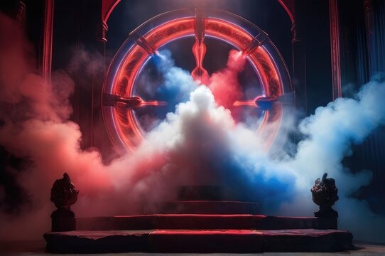  futuristic studio with blue, red, white smoke with stage and lights for 4th of July. Stage with spotlight for text or image or product.
