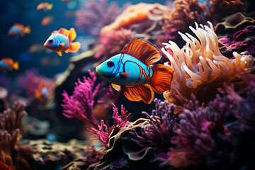 Naklejka na ściany i meble Tropical sea underwater fishes on coral reef. Aquarium oceanarium wildlife colorful marine panorama landscape nature snorkel diving