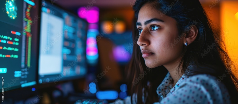Poster young indian female software developer specialized in south asian programming, monitoring solutions,