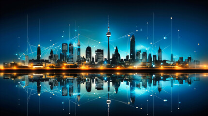 Witness the breathtaking beauty of Toronto's skyline in this mesmerizing cityscape. The reflection on the water, illuminated buildings, and futuristic elements paint a picture of urban sophistication. - obrazy, fototapety, plakaty
