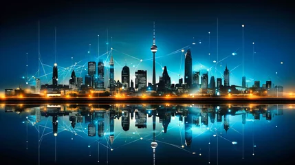 Fotobehang Witness the breathtaking beauty of Toronto's skyline in this mesmerizing cityscape. The reflection on the water, illuminated buildings, and futuristic elements paint a picture of urban sophistication. © MDRAKIBUL