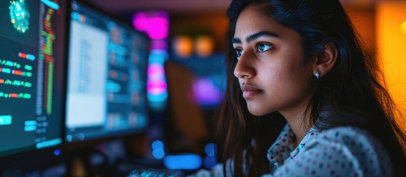 Young Indian female software developer specialized in South Asian programming, monitoring solutions, and VFX hologram editing, working in a tech start-up office while visualizing coding interfaces and