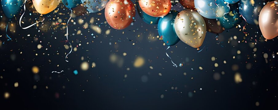 Metallic balloons with black background, confetti and copy space, horizontal party banner