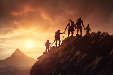 Fototapeta premium Silhouettes of climbers climbing on the mountain.