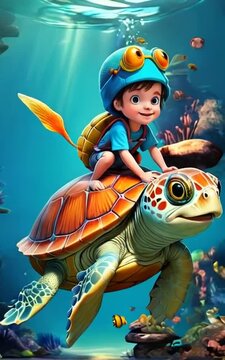 Turtle with cute child in the water