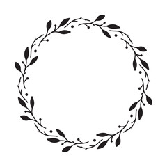 Hand drawn floral wreaths. Botanical round frames with branches and leaves.
