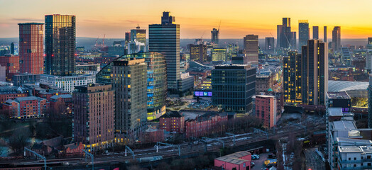 Panoramic view of Manchester skyline at Twilight