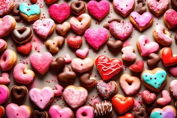 Fototapeta na wymiar Delicious, colorful, heart shaped valentines day doughnuts or donuts. 