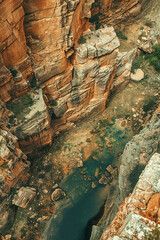 Aerial view of outdoor adventure destination mountain. A large river crosses the mountain.