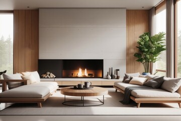 Fototapeta premium Interior home design of modern living room with wooden table sofa and partially wooden concrete wall with fireplace