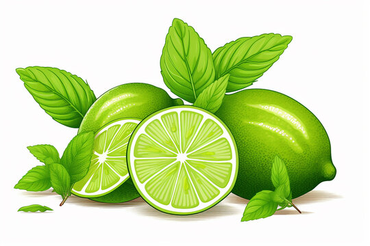 Green Lemons With Half Cut And Leaves A Sour Fruit Ingredient For Healthy Food And Juice Or Beverage By Closeup Texture Of Limes With Clipping Path On White Background