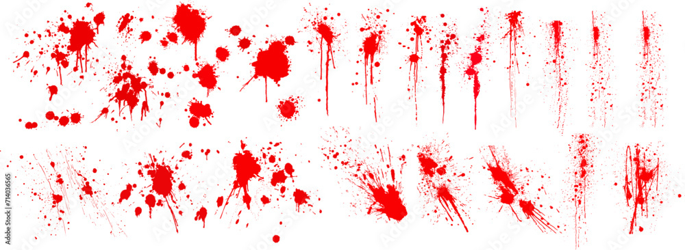 Poster diverse blood splatter patterns set for crime and horror design elements. dirty collection of paint 