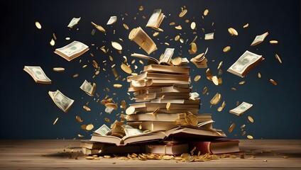 the power of knowledge - an illustration showing books and falling money shows that learning is very important - obrazy, fototapety, plakaty