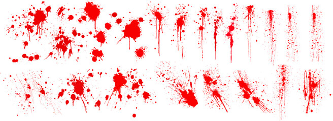 Diverse Blood Splatter Patterns Set for Crime and Horror Design Elements. Dirty collection of paint splatter imitating blood, cut marks, splashes, drops, blots, spray. Isolated on a white backgroud. - obrazy, fototapety, plakaty