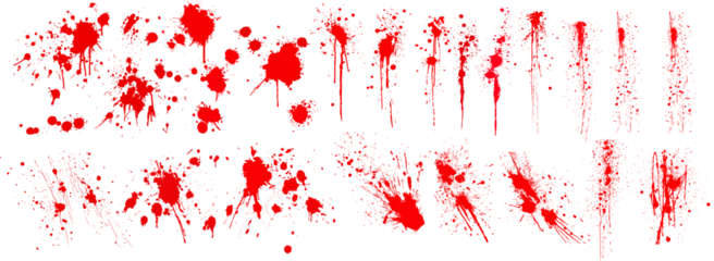 Foto op Canvas Diverse Blood Splatter Patterns Set for Crime and Horror Design Elements. Dirty collection of paint splatter imitating blood, cut marks, splashes, drops, blots, spray. Isolated on a white backgroud. © ZinetroN