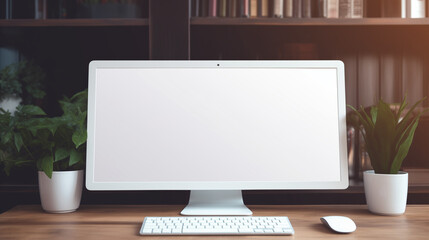 PC on white background. Gray computer with empty screen, TV mockup background with lcd tv with flat white screen fixed on a wall, Generative AI