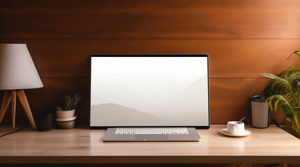 PC on white background. Gray computer with empty screen, TV mockup background with lcd tv with flat white screen fixed on a wall, Generative AI