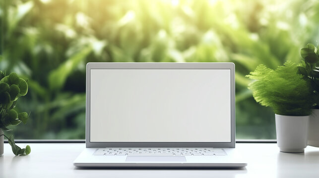 Modern laptop mockup front view, isolated on white background. Vector illustration, background and device screen, Modern white office working space with notebook laptop computer mockup, Generative Ai