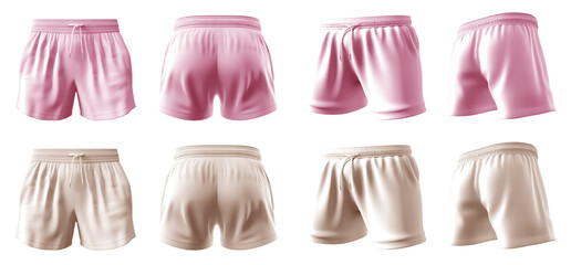 2 Set of pastel light pink beige, unisex running sports shorts boxer bottom, front, back and side view on transparent background cutout, PNG file. Mockup template for artwork graphic design