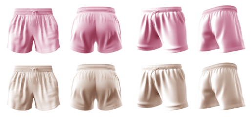 2 Set of pastel light pink beige, unisex running sports shorts boxer bottom, front, back and side view on transparent background cutout, PNG file. Mockup template for artwork graphic design