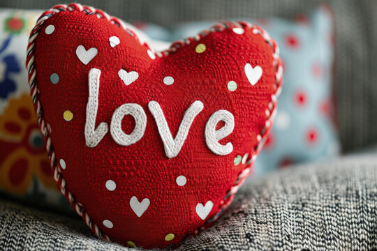 coraz&oacute;n rojo de tejido hecho a mano con ribete de lana y texto love, con desenfocado textil, concepto san valent&iacute;n