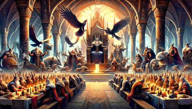 Majestic illustration of the gods in Valhalla, depicting the grand hall and figures of Norse mythology