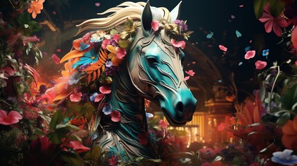 Image of a Horse Head Surrounded by Colorful Elements

