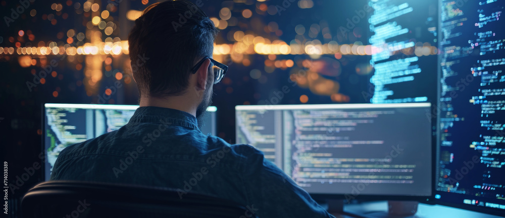 Wall mural coder immersed in a world of code, with screens aglow against the night city's shimmer