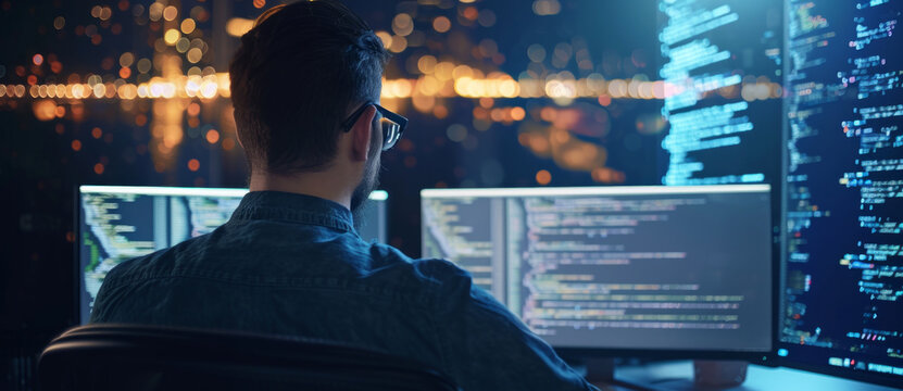 Coder immersed in a world of code, with screens aglow against the night city's shimmer