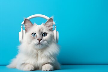 Fototapeta na wymiar Stylish cat in modern wireless headphones on plain background with space for text