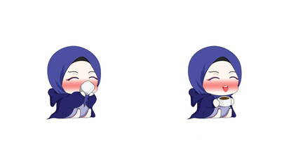 Hand Drawn of a Little Chibi Child, Woman in Hijab Drinking. Illustration, Vector, eps 10