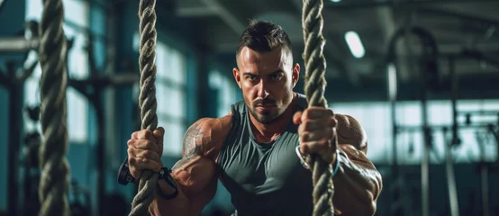 Foto op Plexiglas Intense focus: a muscular man conquers the ropes in a gritty gym, embodying strength and determination © Ai Studio