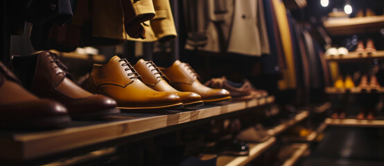 Fototapeta na wymiar Elegant men's shoes line the shelf, a testament to style and craftsmanship in a boutique setting