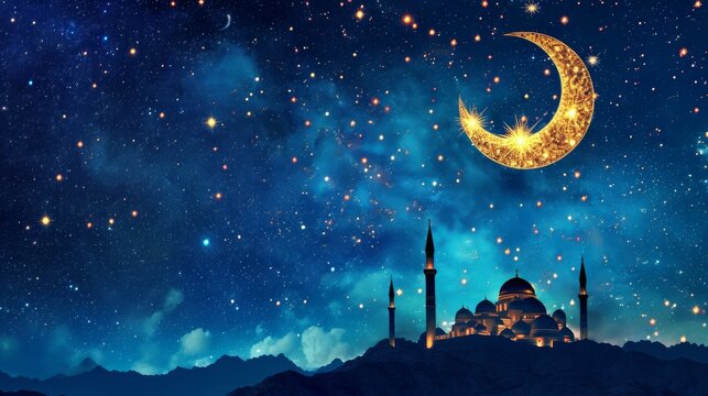 Starry night with glowing Islamic crescent, ramadan concept.