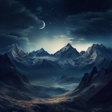 Night over mountains moon image Generative AI