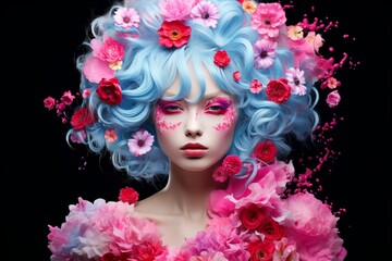 Enthralling beauty. woman with exquisite light blue hair adorned by a bouquet of beautiful flowers