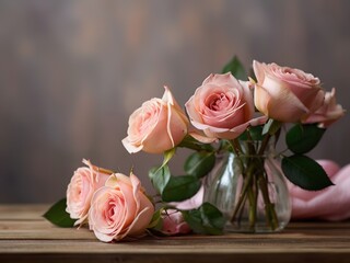 Bouquet of pink roses in vase on wooden table.