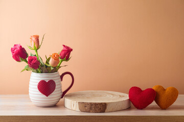 Valentine's day background with empty wooden log, rose flowers and heart shapes. Holiday mock up for design and product display