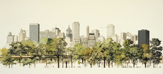 Showcase the outline of trees in a city park, with buildings and cityscape in the background, emphasizing the contrast between nature and urban life