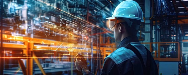 Technology in industrial construction with engineer businessman at work modern factory setting digital equipment safety helmet production building architect communication future automation network