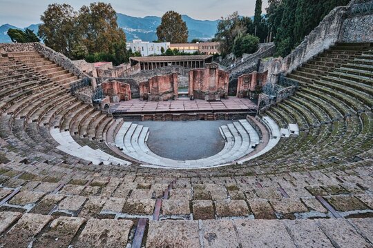 View Of Great Theatre in ruins of Ancient Roman city Pompeii, Campania region, Naples, Italy