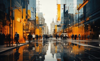 In the midst of a rainy city night, a group of people walk on the glistening streets, their reflections dancing among the towering buildings and darkened sky, their determined steps leading them on a - obrazy, fototapety, plakaty