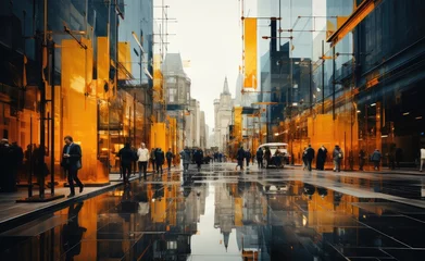 Foto op Aluminium In the midst of a rainy city night, a group of people walk on the glistening streets, their reflections dancing among the towering buildings and darkened sky, their determined steps leading them on a © Larisa AI
