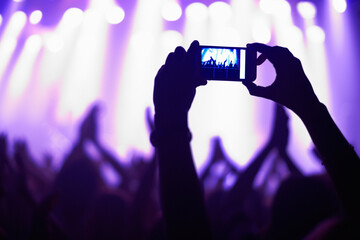 Nightclub, concert and audience with phone or lights for music, party and rave festival with...