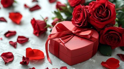 A white canvas spotlights a captivating scene— a bold red heart-shaped gift box, adorned with an elegant ribbon, surrounded by lush red roses and petals.