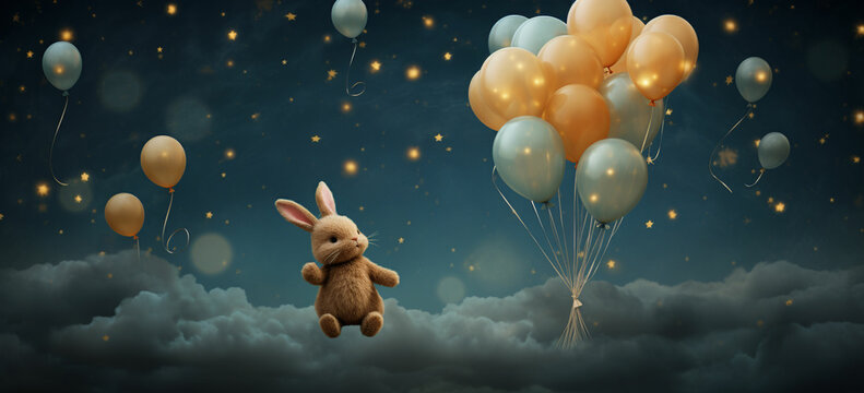 Showcase the baby rabbit flying with balloons against a moonlit sky, with stars and constellations illuminating the celestial backdrop