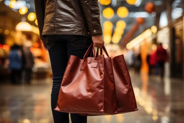 A stylish person confidently carries their leather handbag while strolling through the bustling street, adding the perfect accessory to their fashionable outfit